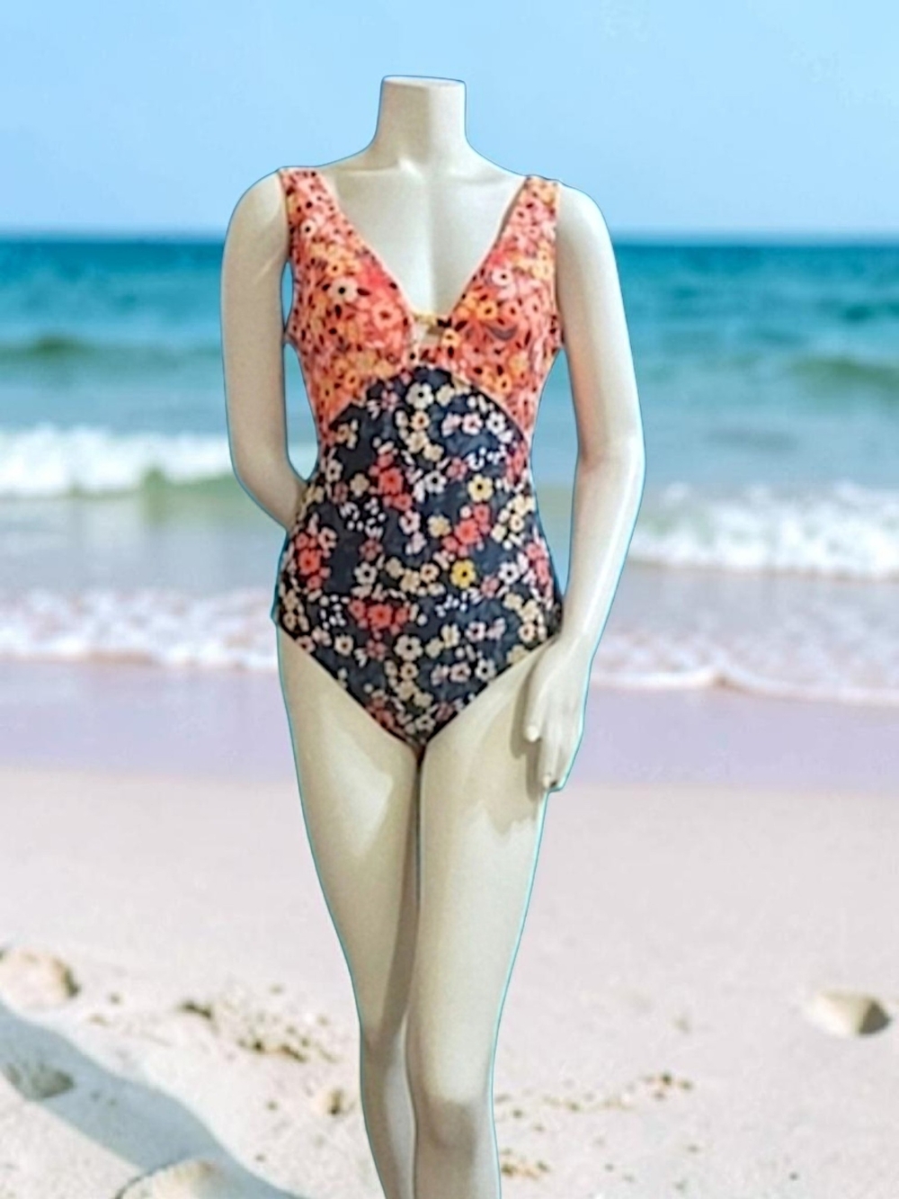 Palisades Beach Club Floral Colorblock V-Neck One-Piece Swimsuit - Coral & Teal